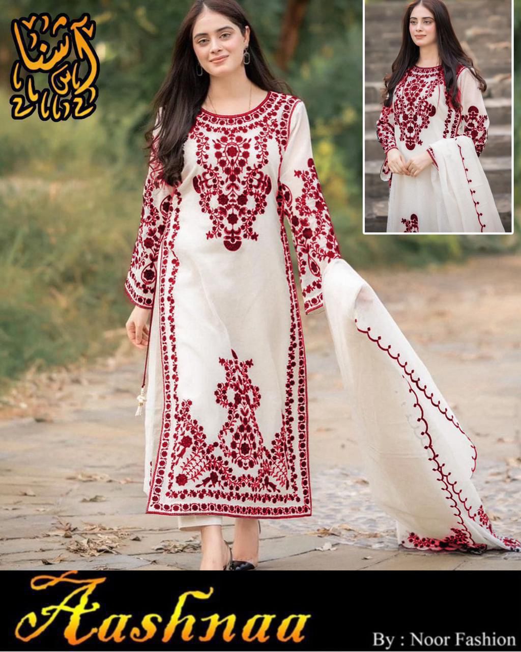 Neck,Sleeves,Daman Embroidered Shirt With Fully Embroidered Dupatta 3Pcs