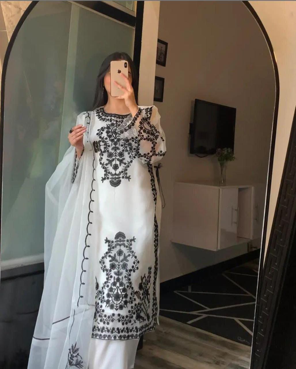 Neck,Sleeves,Daman Embroidered Shirt With Fully Embroidered Dupatta 3Pcs