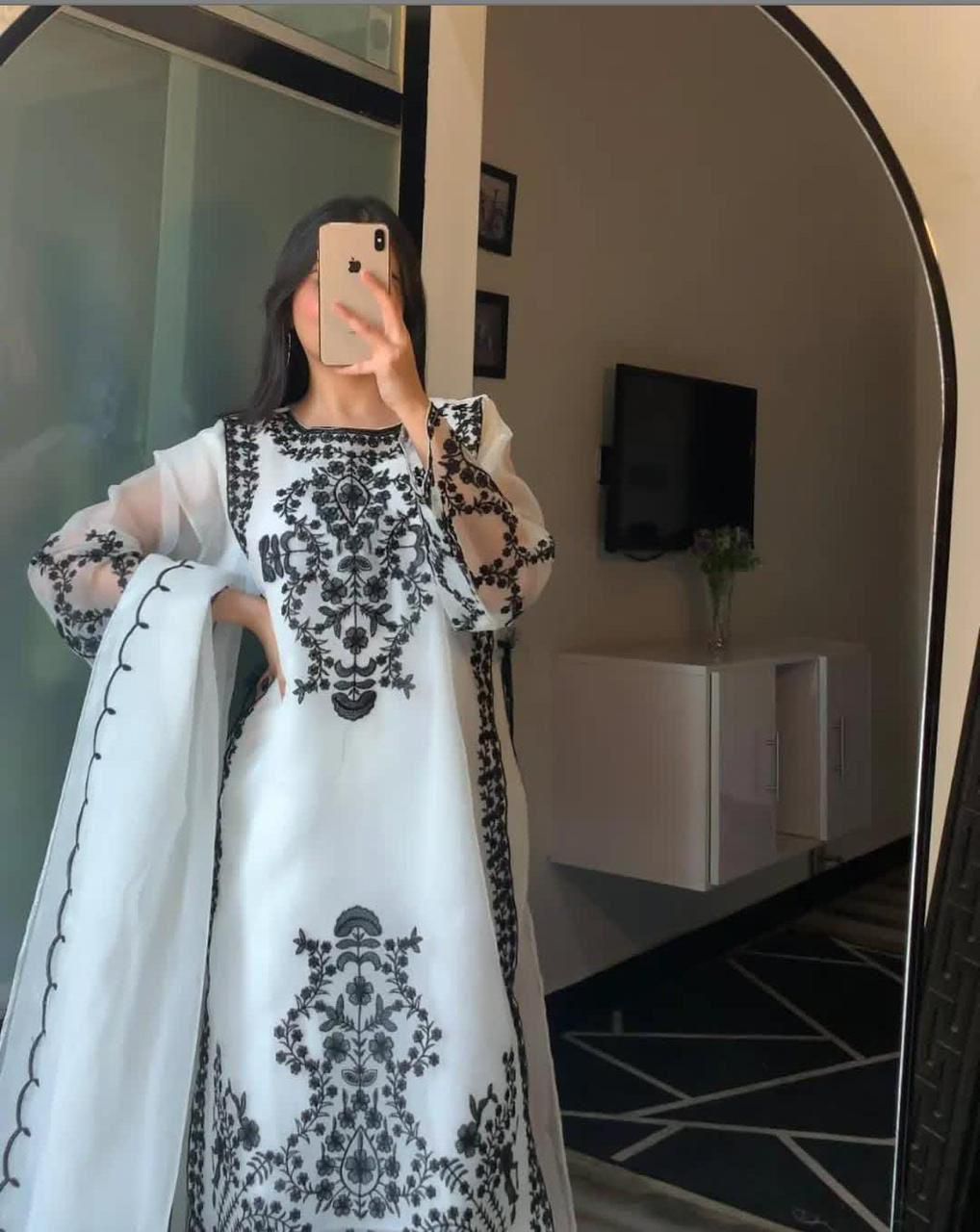 Neck,Sleeves,Daman Embroidered Shirt With Fully Embroidered Dupatta 3Pcs